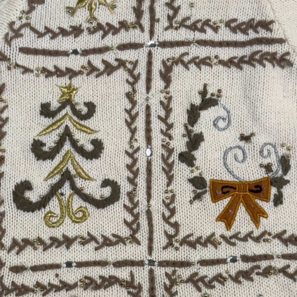 Vintage Christmas Cardigan Hand Embroidered Beaded Rocking Horse Snowman Size L - Picture 12 of 15